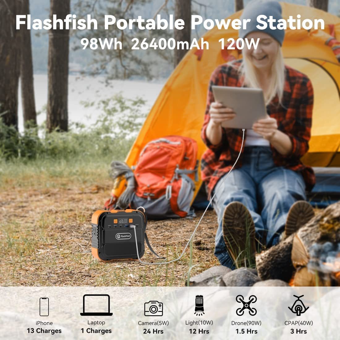 Flashfish 120W Portable Power Station, 98Wh/26400mAh Solar Generator Backup