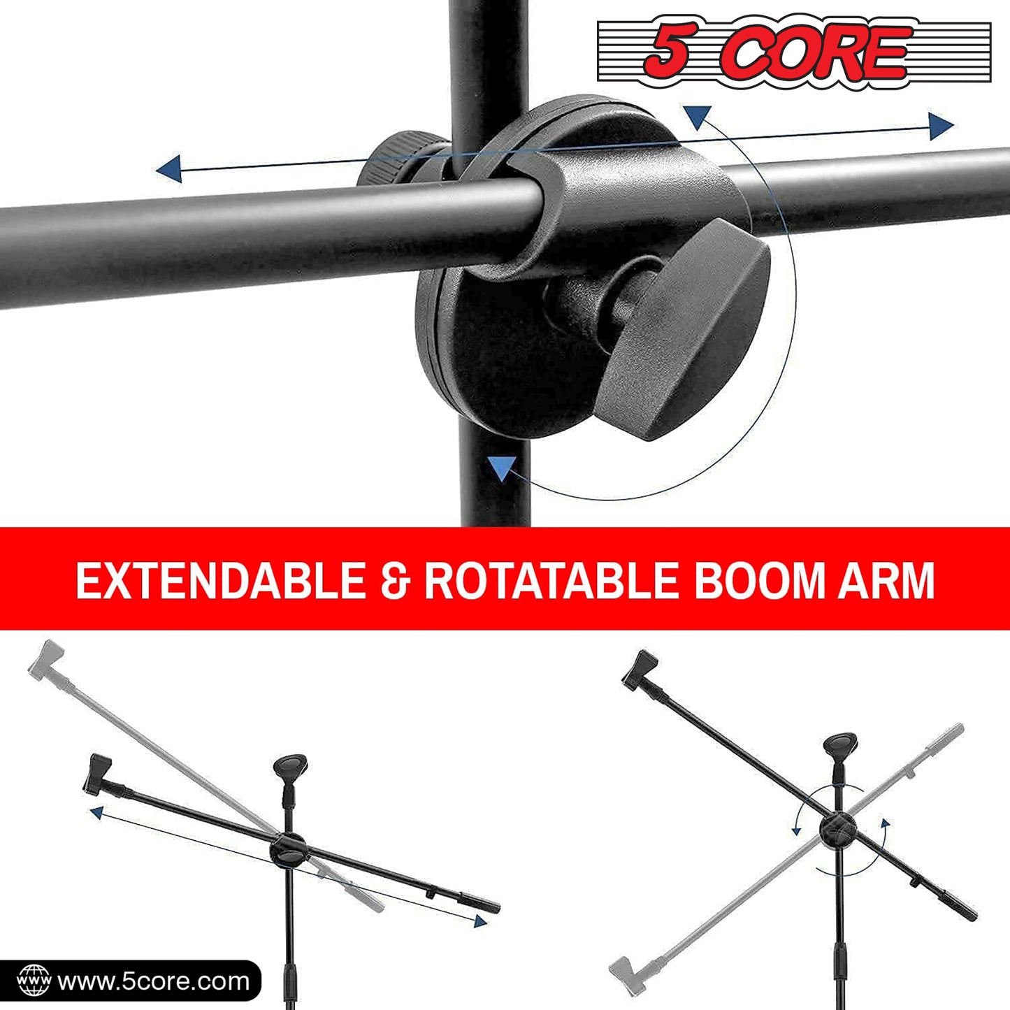 5 Core 360°„ Rotating Microphone Stand Dual Mic Clip Boom Arm Foldable Tripod MS DBL