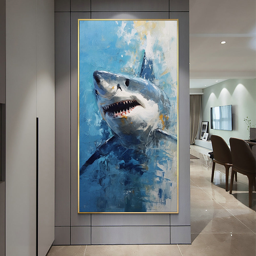 Hand Painted Oil Painting Original Shark Oil Painting on Canvas Custom Animal Painting Large Modern Wall Art Abstract Blue Ocean Art Decor Living room Wall Decor