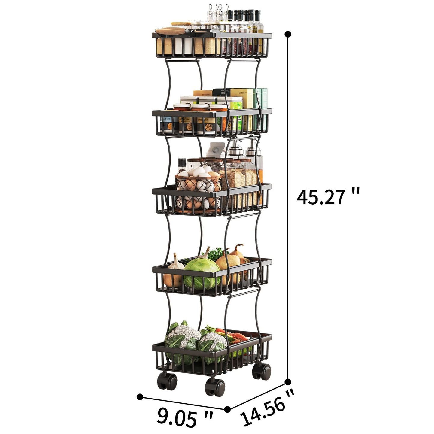 5 Tier Fruit Vegetable Basket for Kitchen, Storage Cart, Vegetable Basket Bins, Wire Storage Organizer Utility Cart with Wheels, Medium, Black