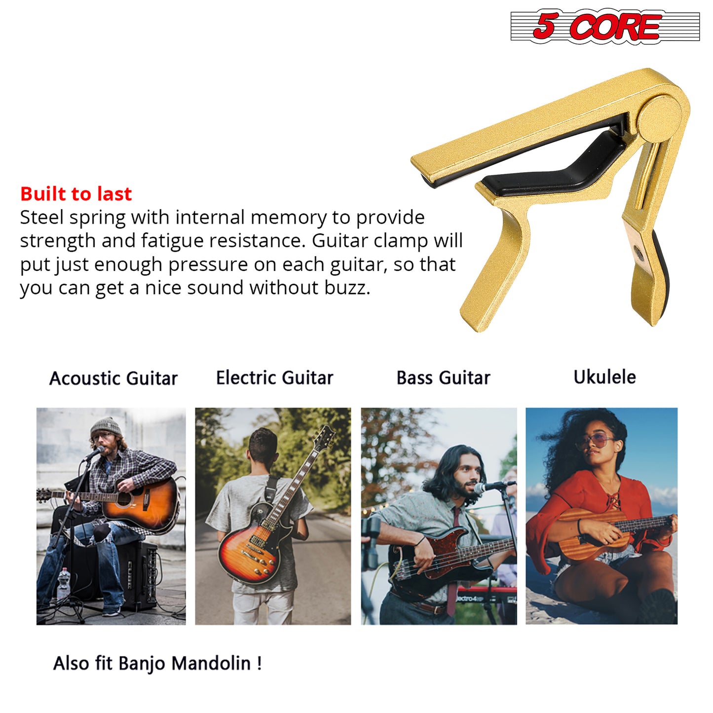 5 Core Guitar Capo Gold| Premium Aluminum Capo for Guitars, Ukulele, Banjo, Mandolin, Bass| Superior Build Quality| Professional Musical Instrument- CAPO GLD