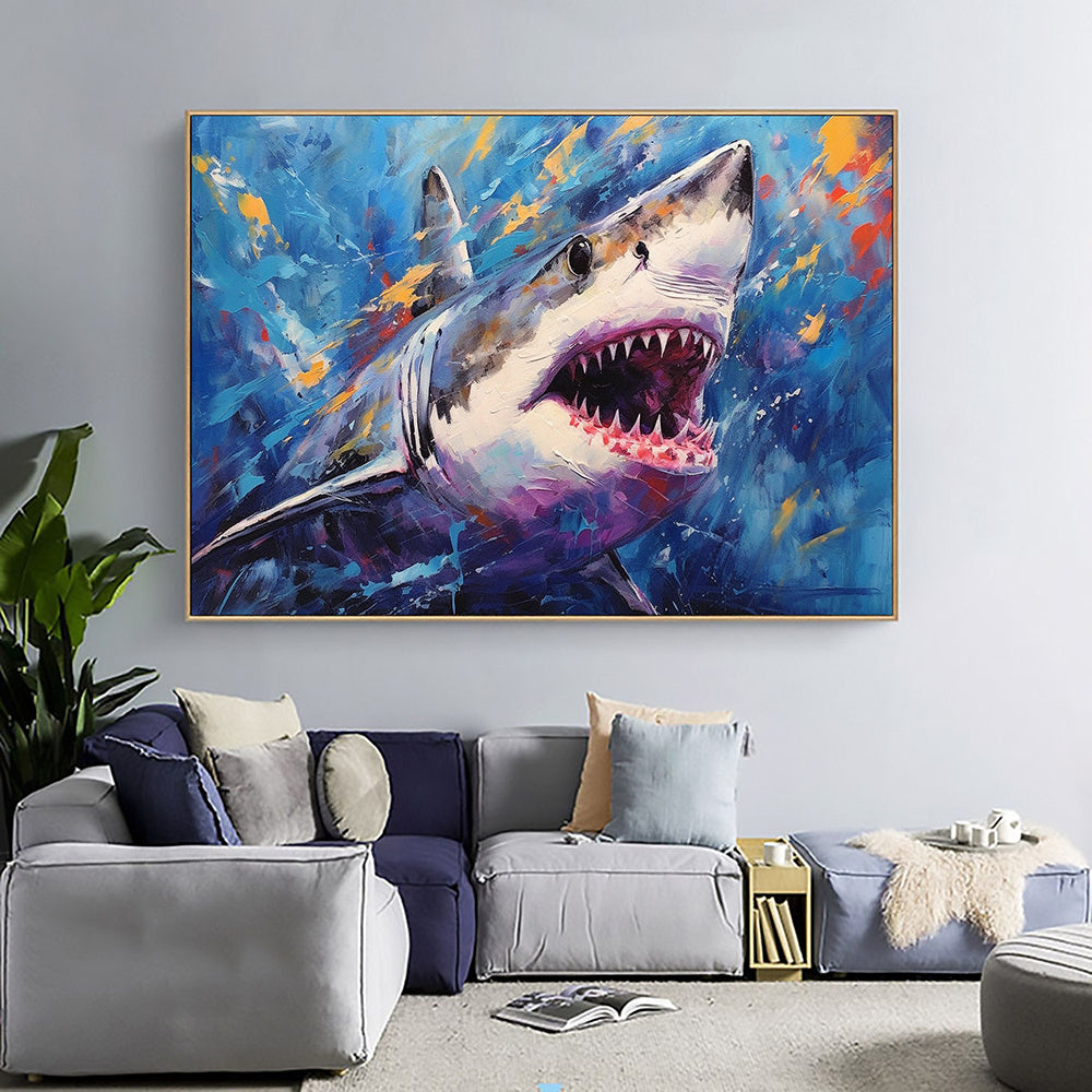 Hand Painted Oil Painting Abstract Shark Oil Painting on Canvas Original Animal Art Custom Ocean Painting Living room Wall Decor Large Wall Art Blue Art Decor