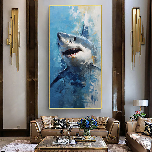 Hand Painted Oil Painting Original Shark Oil Painting on Canvas Custom Animal Painting Large Modern Wall Art Abstract Blue Ocean Art Decor Living room Wall Decor