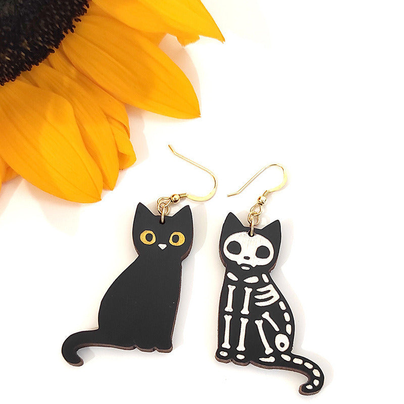 Personalized Black Cat Skeleton Cat Halloween Wood Stud Earrings