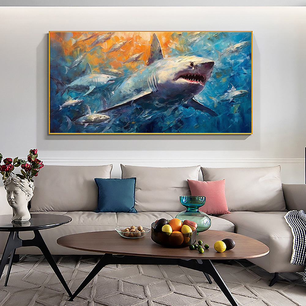 Hand Painted Oil Painting Large Abstract Shark Oil Painting on Canvas Original Fish School Painting Ocean Art Decor Living room Wall Decor Modern Blue Wall Art