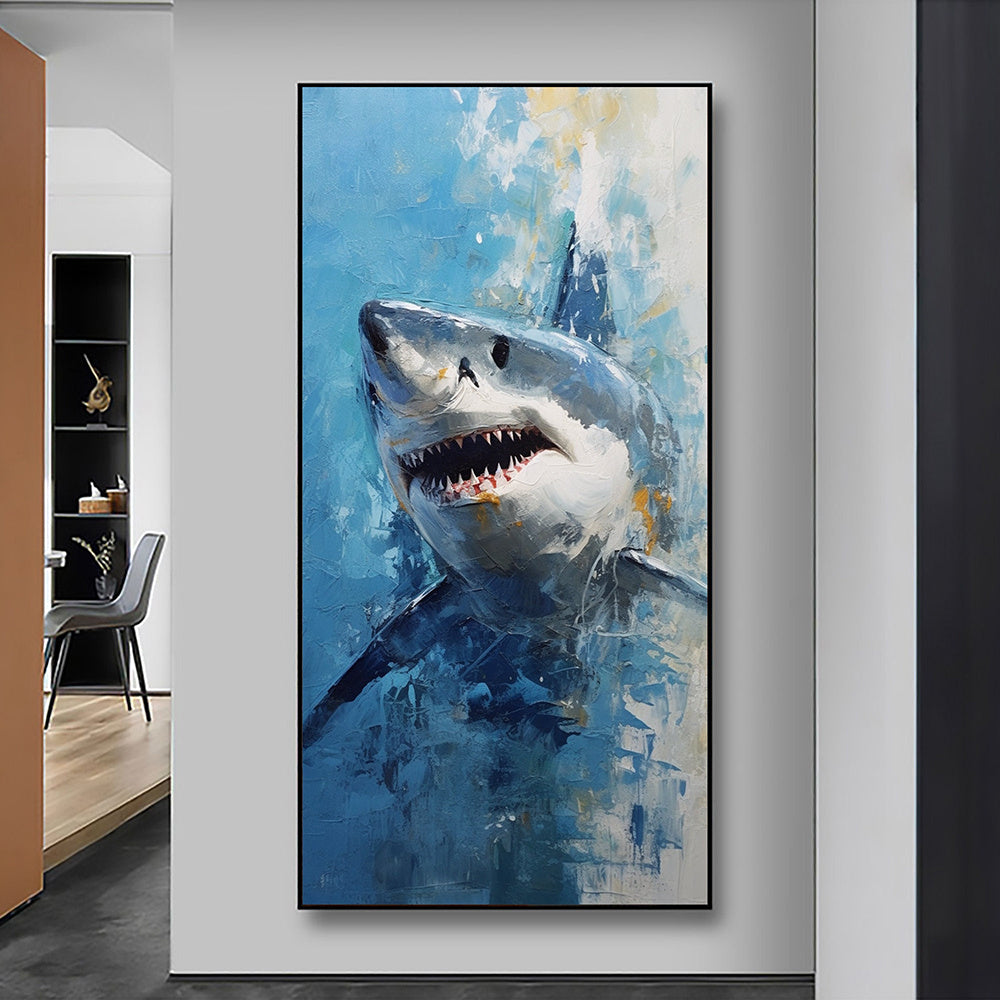 Hand Painted Oil Painting Original Shark Oil Painting on Canvas Custom Animal Painting Large Modern Wall Art Abstract Blue Ocean Art Decor Living room Wall Decor