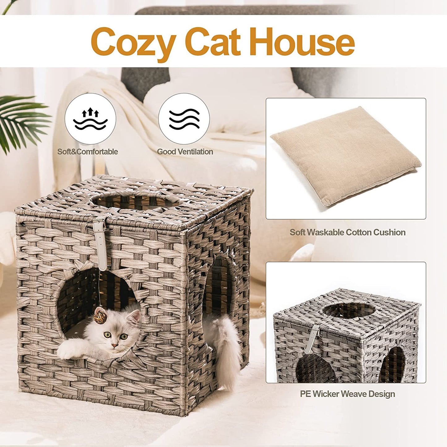 Mewoofun Handmade Cat Supplies Cat House for Indoor Woven Rattan Designed Pets