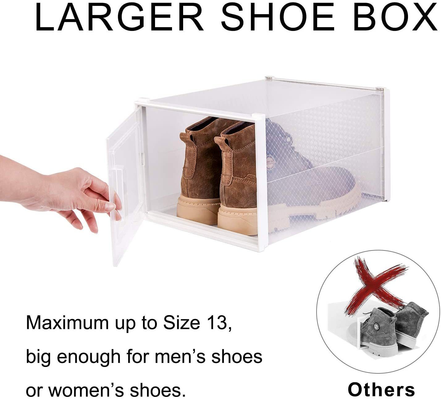 Storage Shoe Box;  Foldable Clear Sneaker Display Box;  Stackable Storage Bins Shoe Container Organizer;  6 Pack - White; X-Large