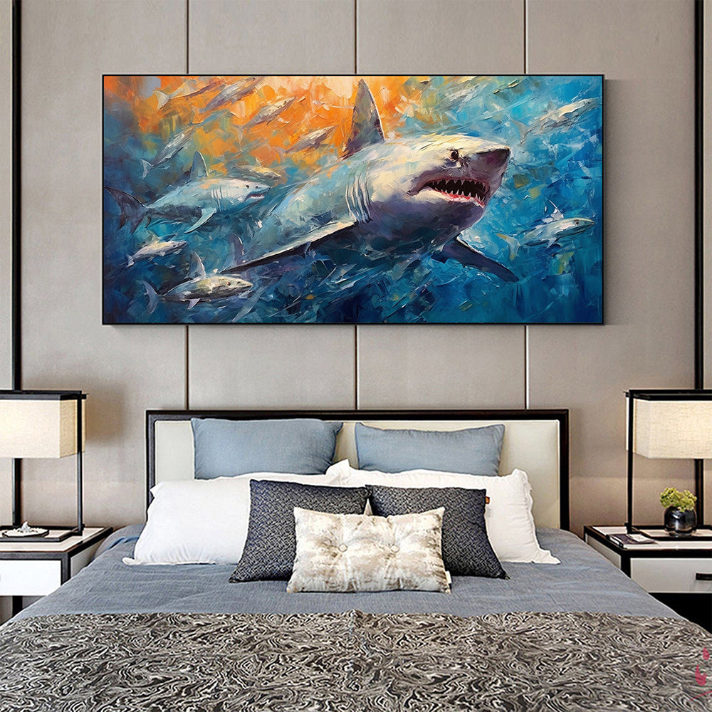 Hand Painted Oil Painting Large Abstract Shark Oil Painting on Canvas Original Fish School Painting Ocean Art Decor Living room Wall Decor Modern Blue Wall Art