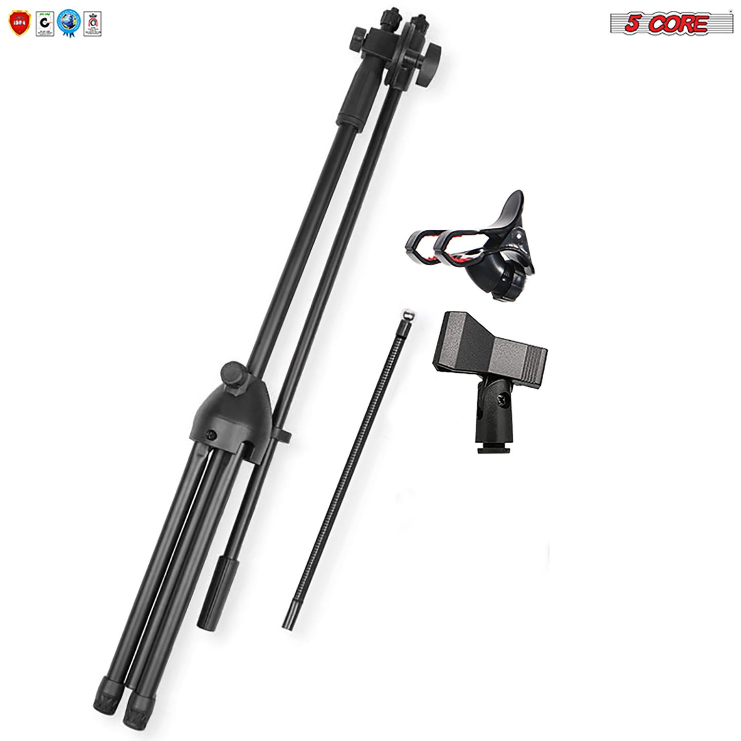 5 Core Mic Stand with Tablet and Phone Holder ®C Adjustable Gooseneck Microphone Stand; Collapsible Tripod Boom Mic Stand With Mic Clip Holder & Phone Clamp for Singing; Karaoke; Studio; Parties