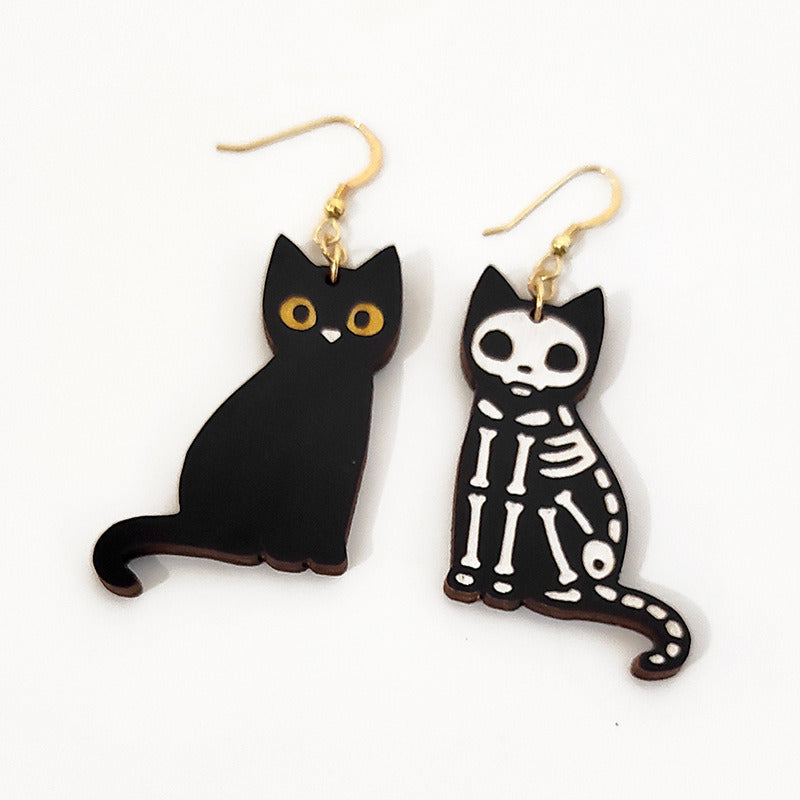 Personalized Black Cat Skeleton Cat Halloween Wood Stud Earrings