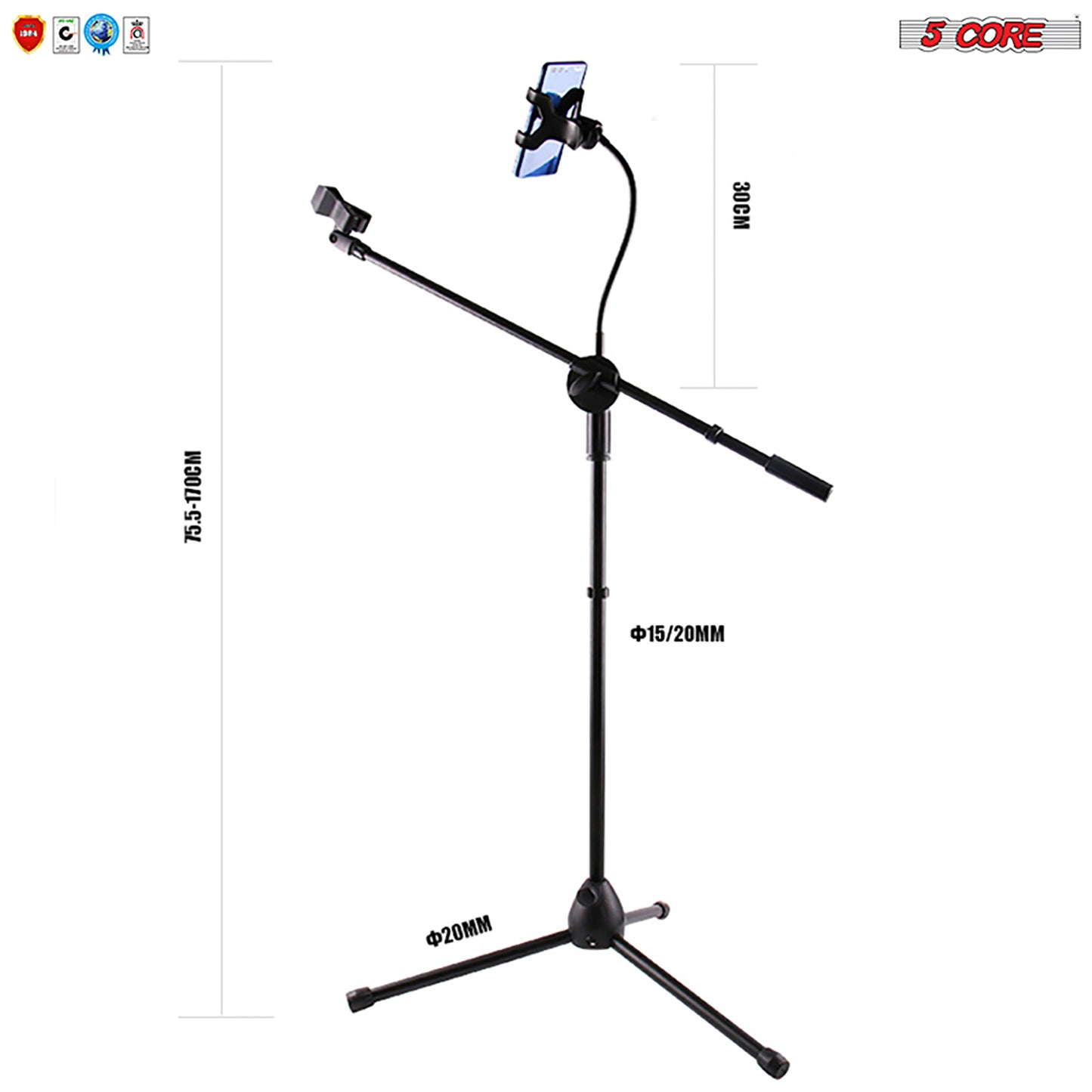 5 Core Mic Stand with Tablet and Phone Holder ®C Adjustable Gooseneck Microphone Stand; Collapsible Tripod Boom Mic Stand With Mic Clip Holder & Phone Clamp for Singing; Karaoke; Studio; Parties