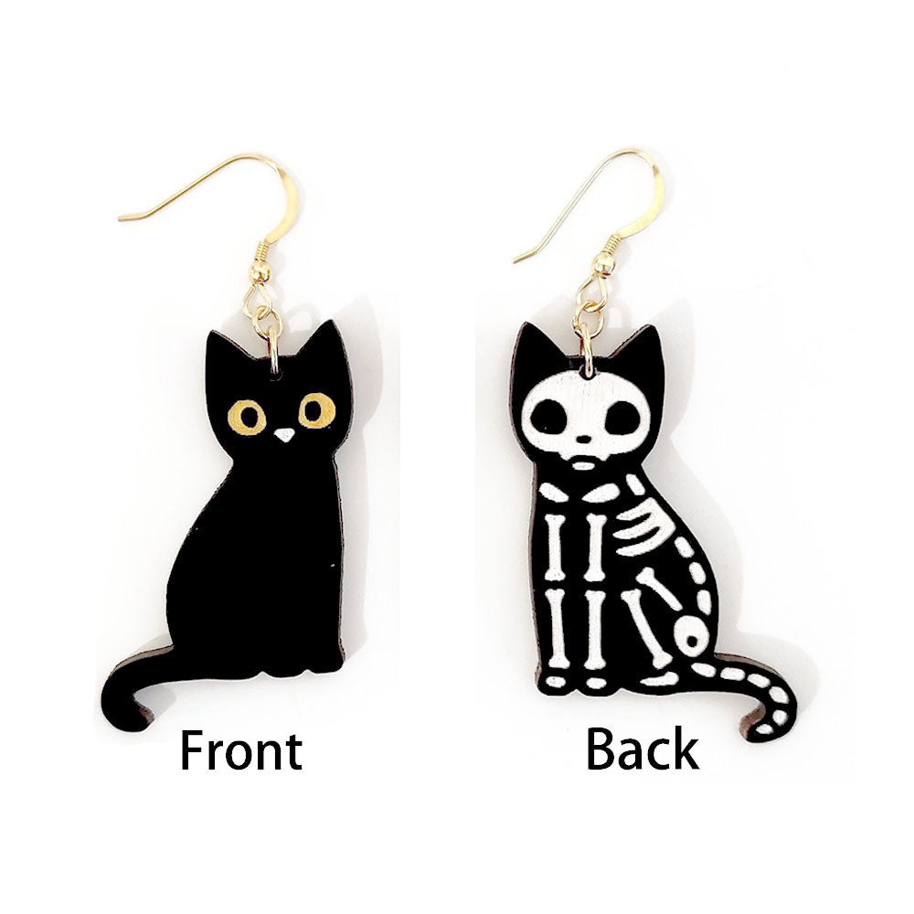 Personalized Black Cat Skeleton Cat Halloween Wood Stud Earrings