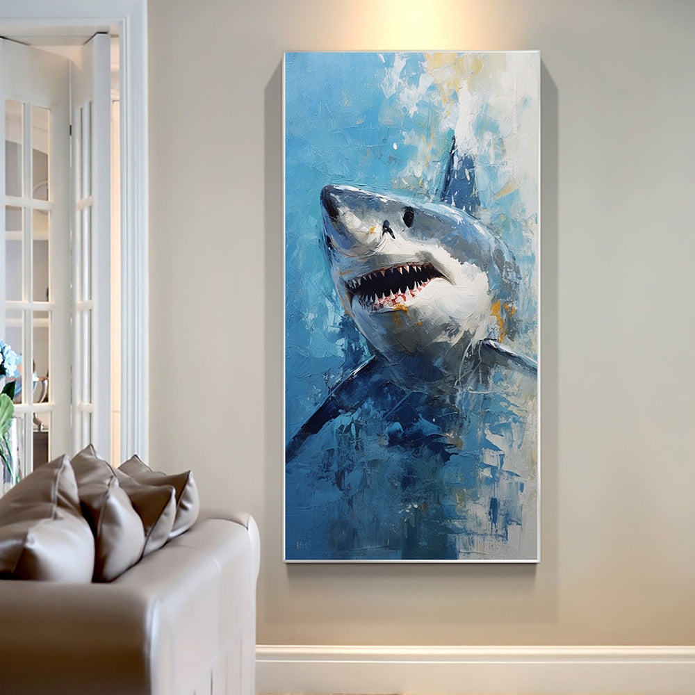 Hand Painted Oil Painting Original Shark Oil Painting on Canvas Custom Animal Painting Large Modern Wall Art Abstract Blue Ocean Art Decor Living room Wall Decor