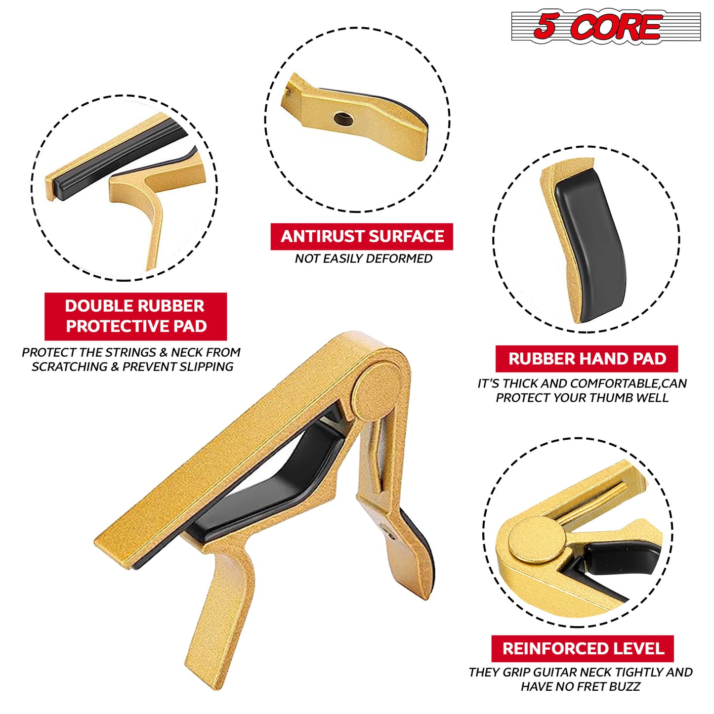 5 Core Guitar Capo Gold| Premium Aluminum Capo for Guitars, Ukulele, Banjo, Mandolin, Bass| Superior Build Quality| Professional Musical Instrument- CAPO GLD