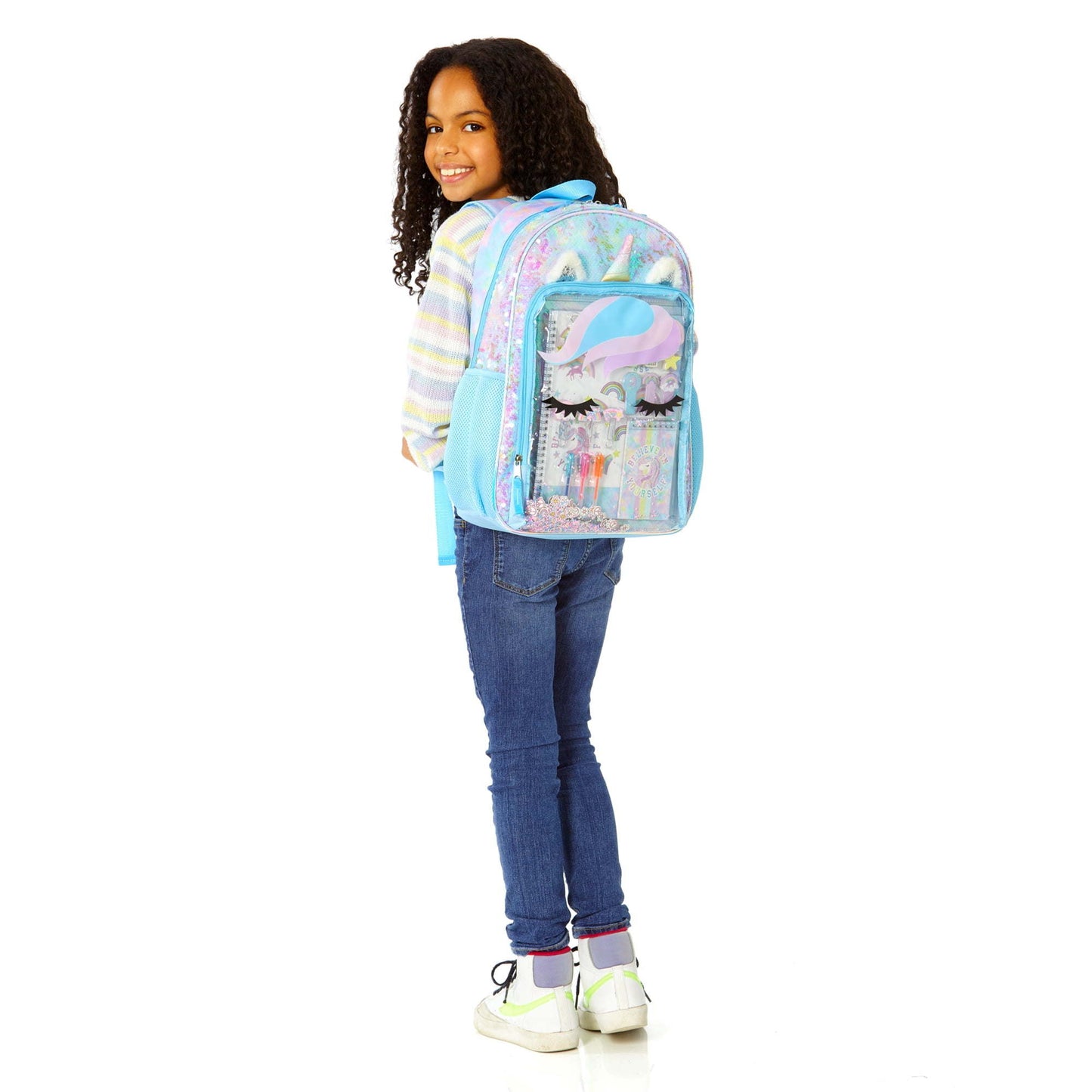 Schoolyard Vibes Unicorn Girls 17" Sequin Stationary Kids Backpack Set, Blue