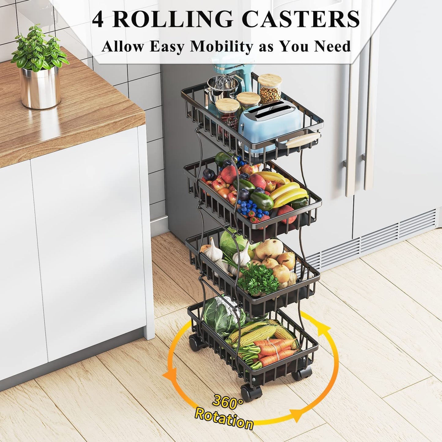 4 Tier Fruit Vegetable Basket for Kitchen, Storage Cart, Vegetable Basket Bins, Wire Storage Organizer Utility Cart with Wheels, Medium, Black