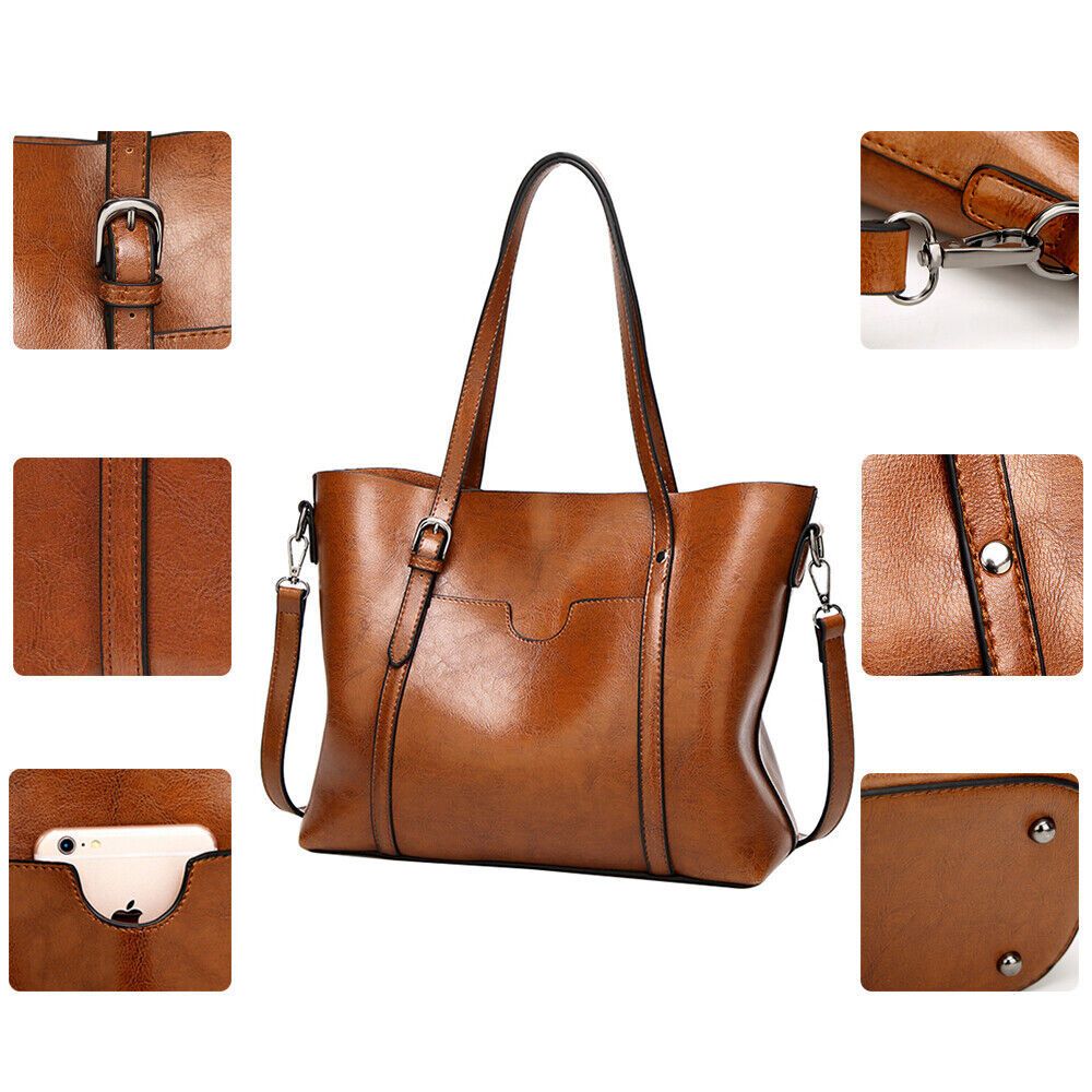 Women Oiled PU Leather Handbag Ladies Messenger Briefcase Tote Purse Shoulder Bag