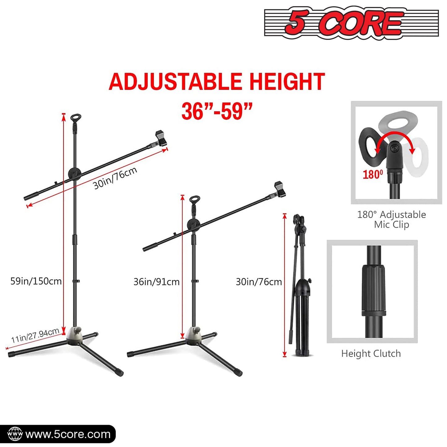 5 Core 360°„ Rotating Microphone Stand Dual Mic Clip Boom Arm Foldable Tripod MS DBL