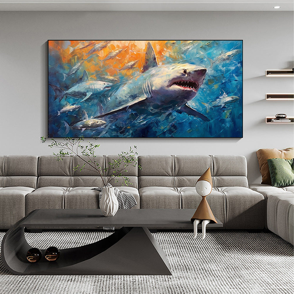 Hand Painted Oil Painting Large Abstract Shark Oil Painting on Canvas Original Fish School Painting Ocean Art Decor Living room Wall Decor Modern Blue Wall Art