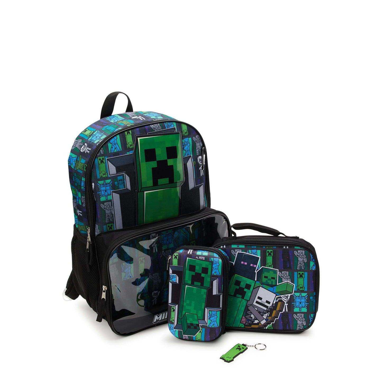 Minecraft Creeper 17" Laptop Backpack and Lunch Bag Set, 4-Piece, Black