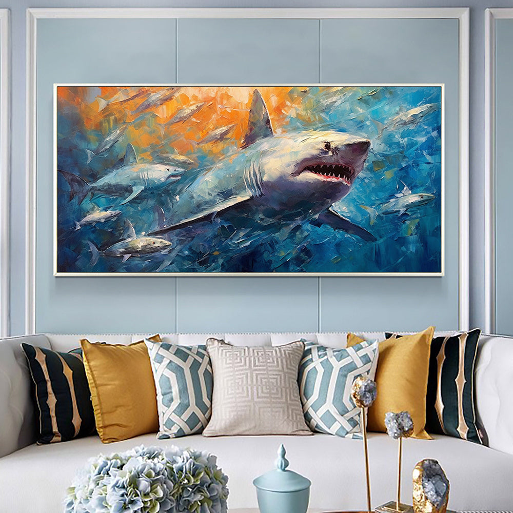 Hand Painted Oil Painting Large Abstract Shark Oil Painting on Canvas Original Fish School Painting Ocean Art Decor Living room Wall Decor Modern Blue Wall Art