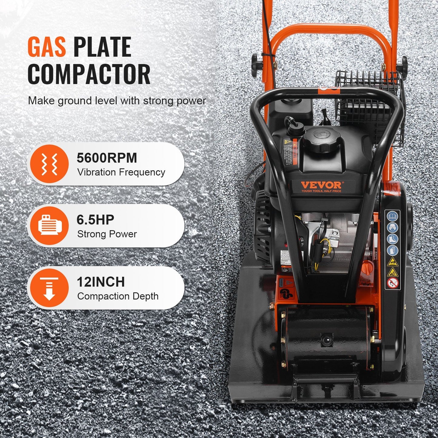 VEVOR Plate Compactor; 6.5 HP 196CC Gas Engine 5; 600 VPM; 4; 200 lbs Force Vibratory Compaction Tamper with 22.1 x 15.9 in Plate for Walkways; Patios; Asphalts; Paver Landscaping