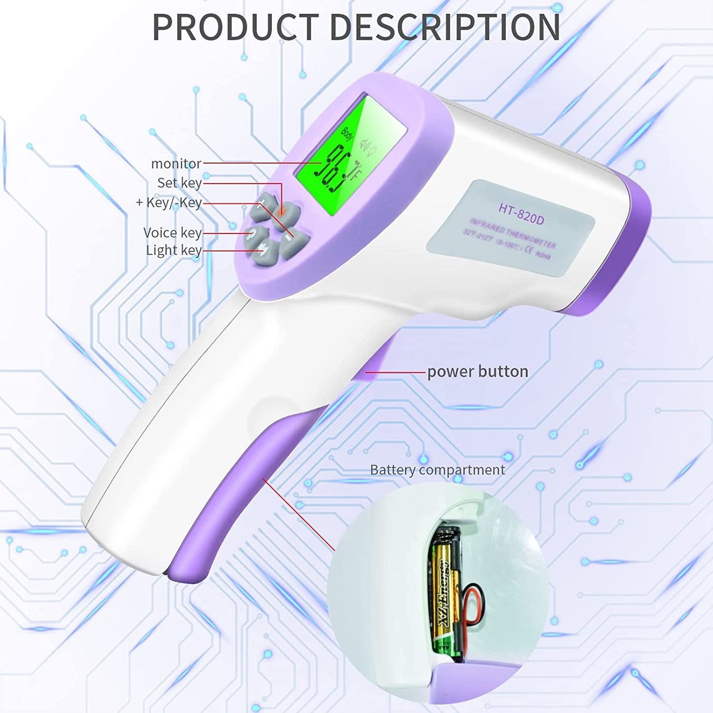 Digital Termomete Infrared Forehead Body Thermometer Gun Non-contact Temperature Measurement Device with Real-time Accurate Readings