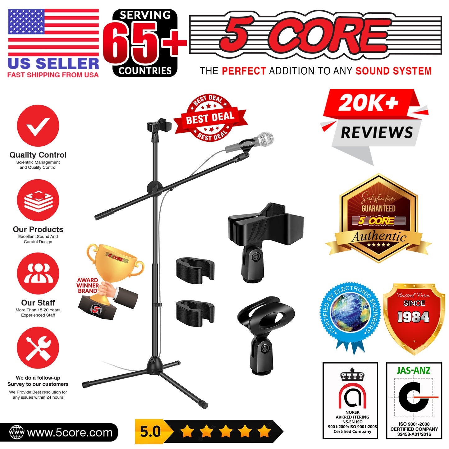 5 Core 360°„ Rotating Microphone Stand Dual Mic Clip Boom Arm Foldable Tripod MS DBL