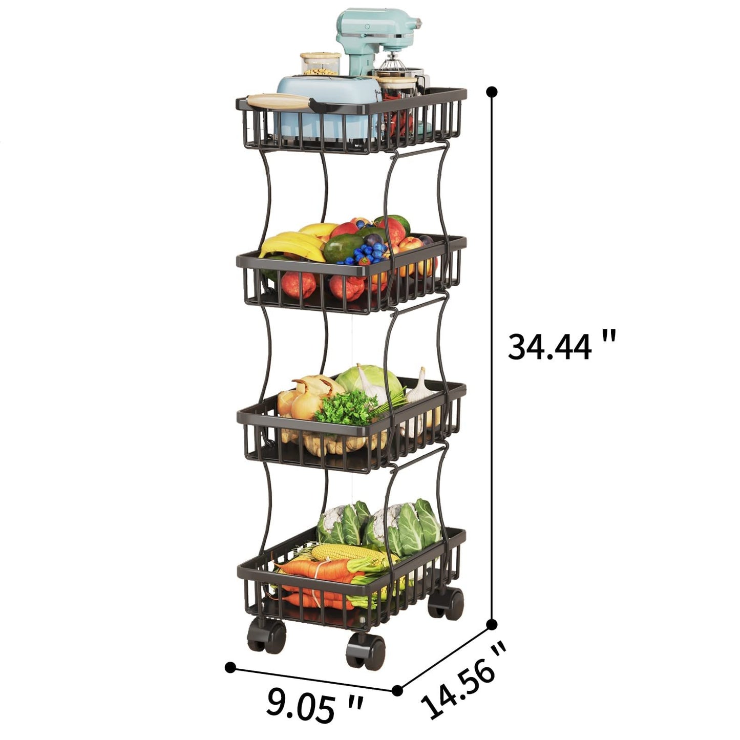 4 Tier Fruit Vegetable Basket for Kitchen, Storage Cart, Vegetable Basket Bins, Wire Storage Organizer Utility Cart with Wheels, Medium, Black