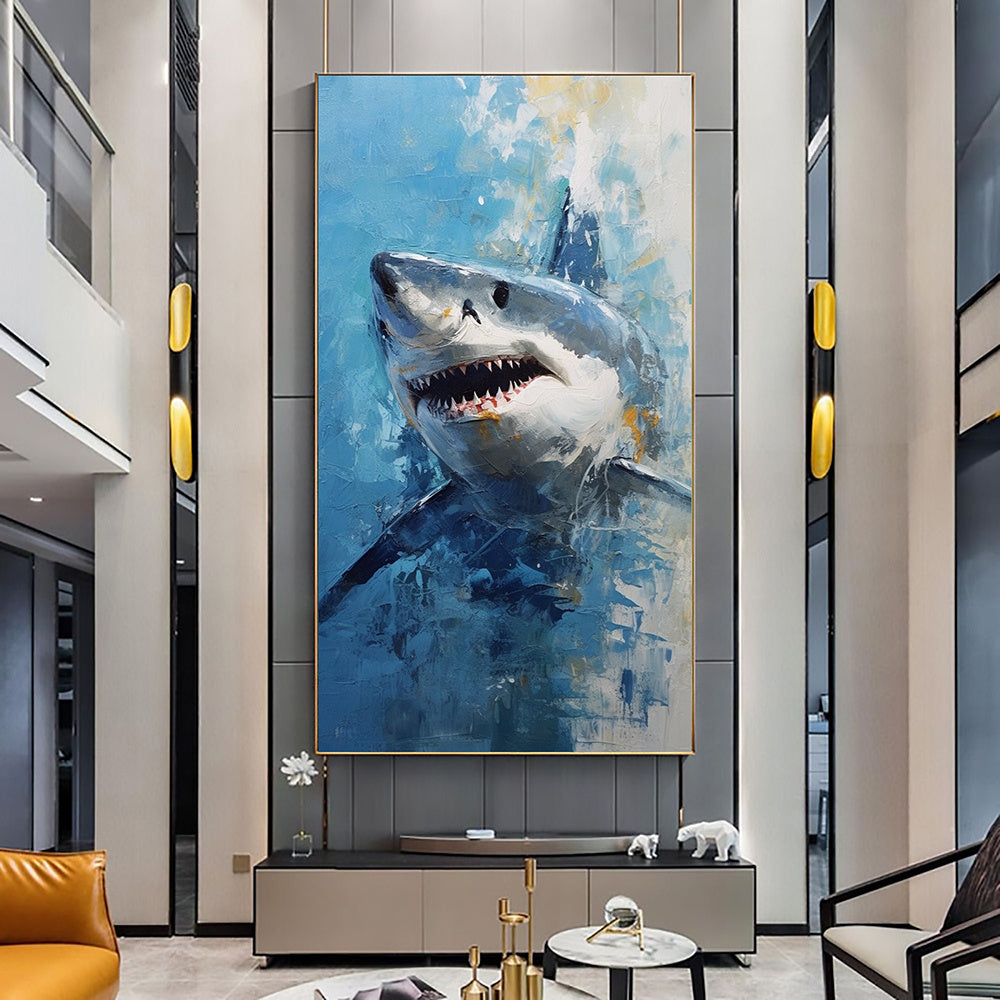 Hand Painted Oil Painting Original Shark Oil Painting on Canvas Custom Animal Painting Large Modern Wall Art Abstract Blue Ocean Art Decor Living room Wall Decor