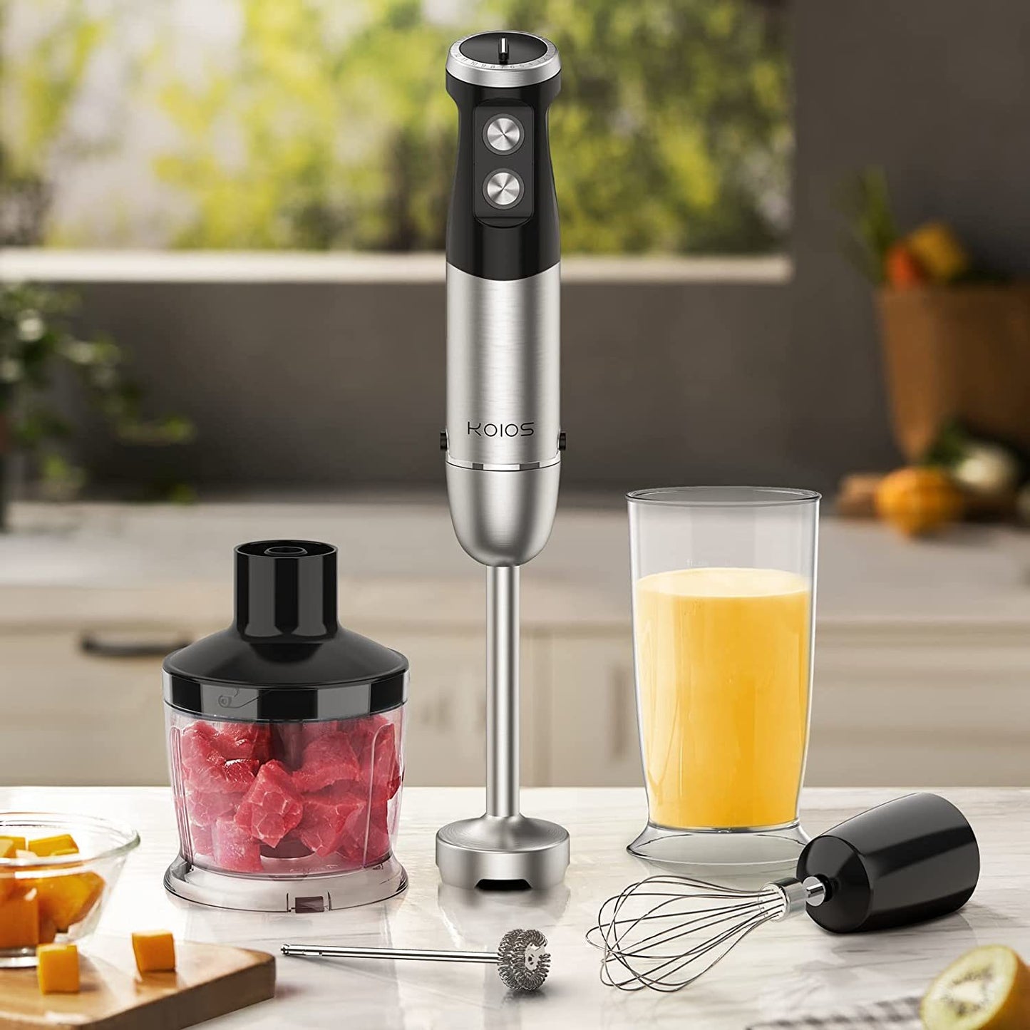 KOIOS 1000W Immersion Hand Blender, Multifunctional 5-in-1 Handheld Blender, 12-Speeds, Stainless Steel blender shaft, includes 600ml Mixing Beaker, 500ml Chopper, Whisk Attachment and Milk Frother