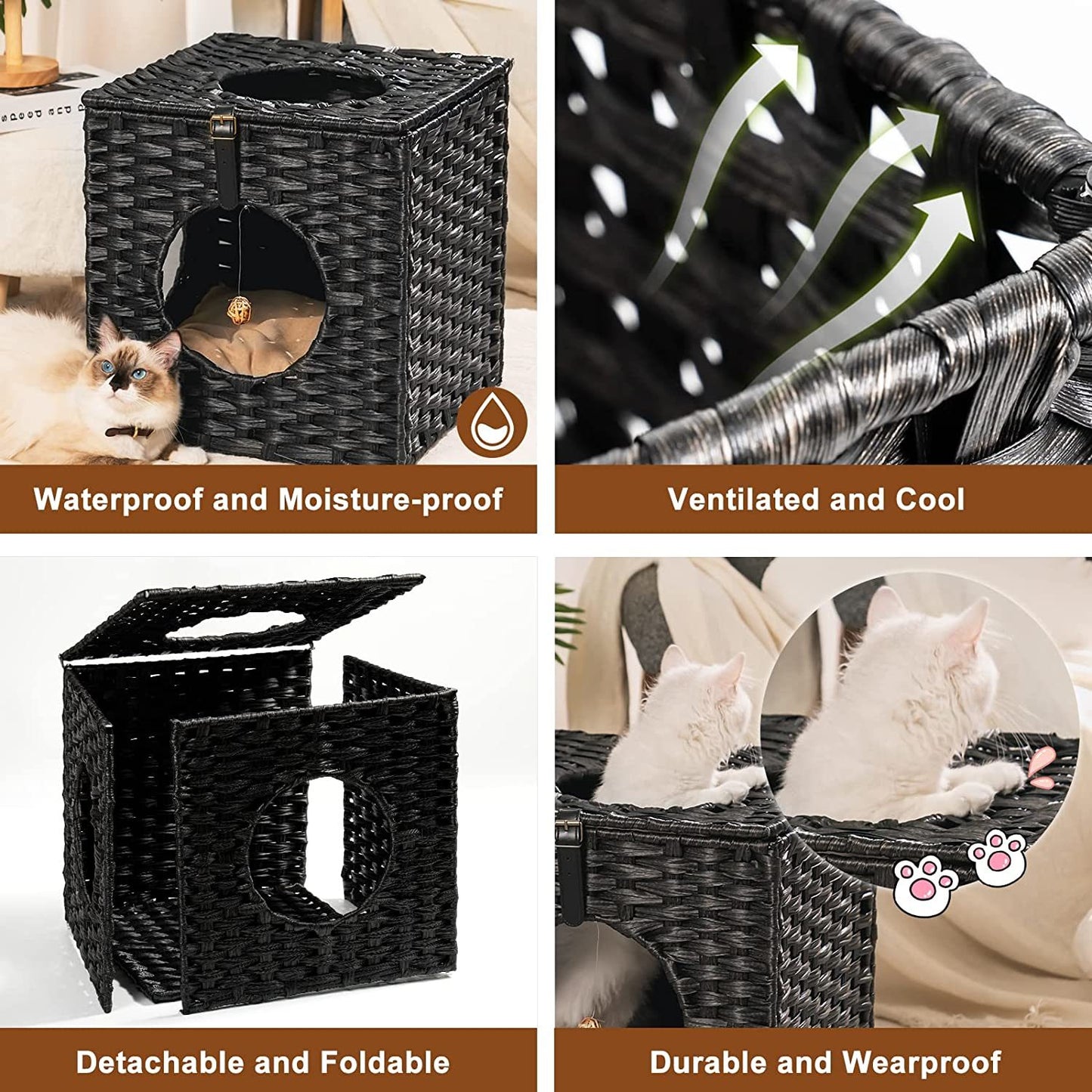 Mewoofun Handmade Cat Supplies Cat House for Indoor Woven Rattan Designed Pets