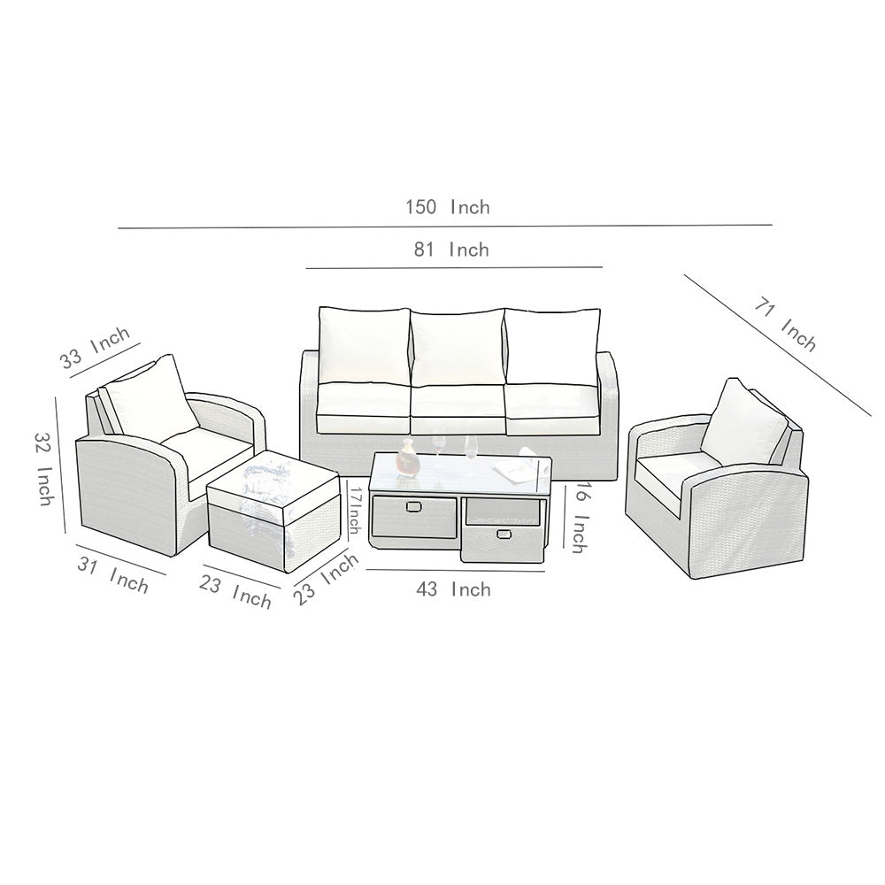 Direct Wicker Aluminum 5-piece Outdoor PE Rattan Wicker Sofa Rattan Patio Garden Furniture ,Gray