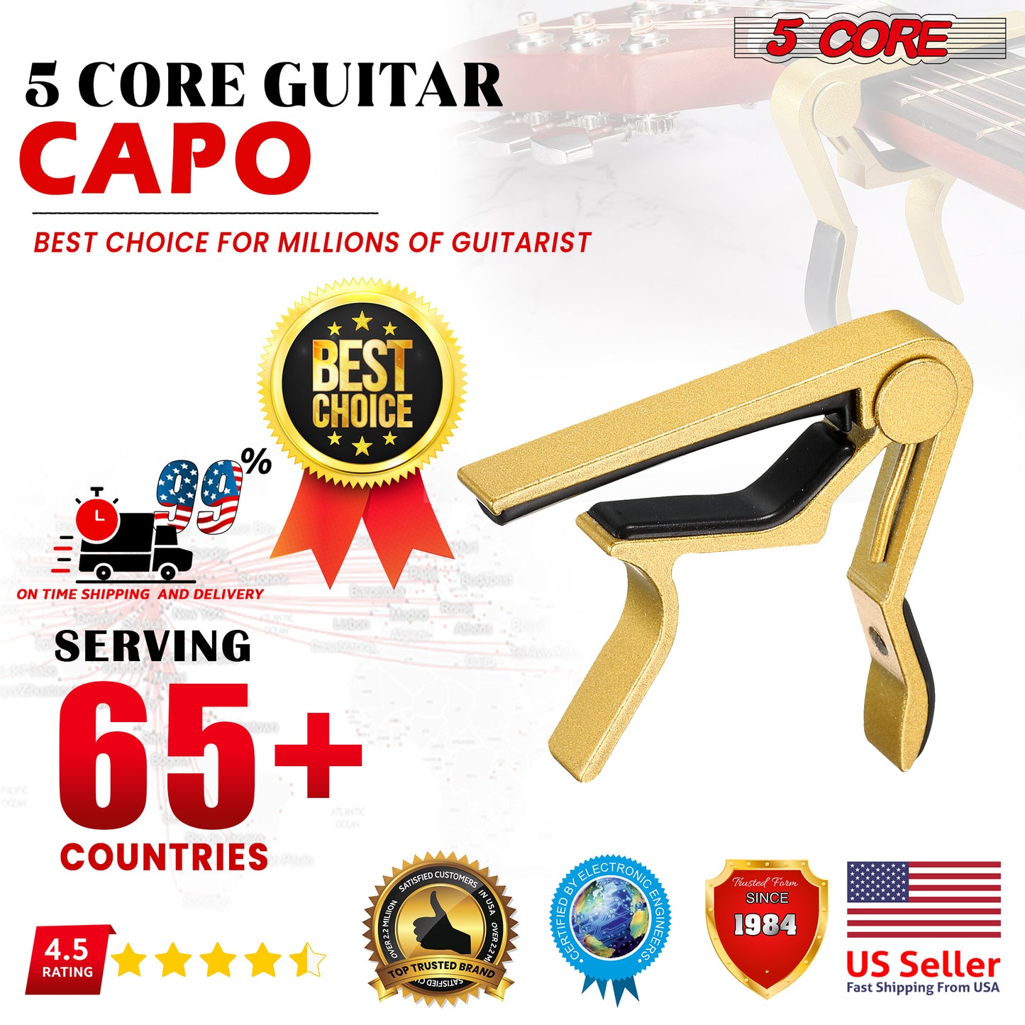 5 Core Guitar Capo Gold| Premium Aluminum Capo for Guitars, Ukulele, Banjo, Mandolin, Bass| Superior Build Quality| Professional Musical Instrument- CAPO GLD