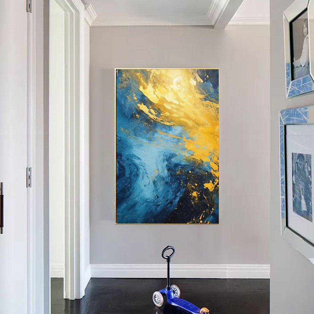 Hand Painted Oil Painting Gold Yellow Wall Painting Navy Blue Seascape Painting On Canvas Acrylic Painting Sea Wave Ocean Painting Extra Large Living Room Wall Art