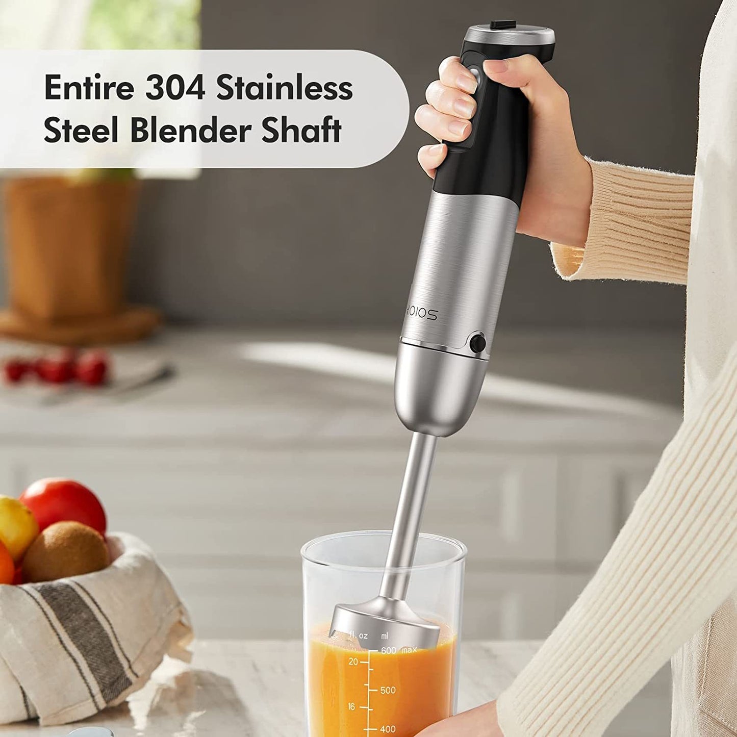 KOIOS 1000W Immersion Hand Blender, Multifunctional 5-in-1 Handheld Blender, 12-Speeds, Stainless Steel blender shaft, includes 600ml Mixing Beaker, 500ml Chopper, Whisk Attachment and Milk Frother