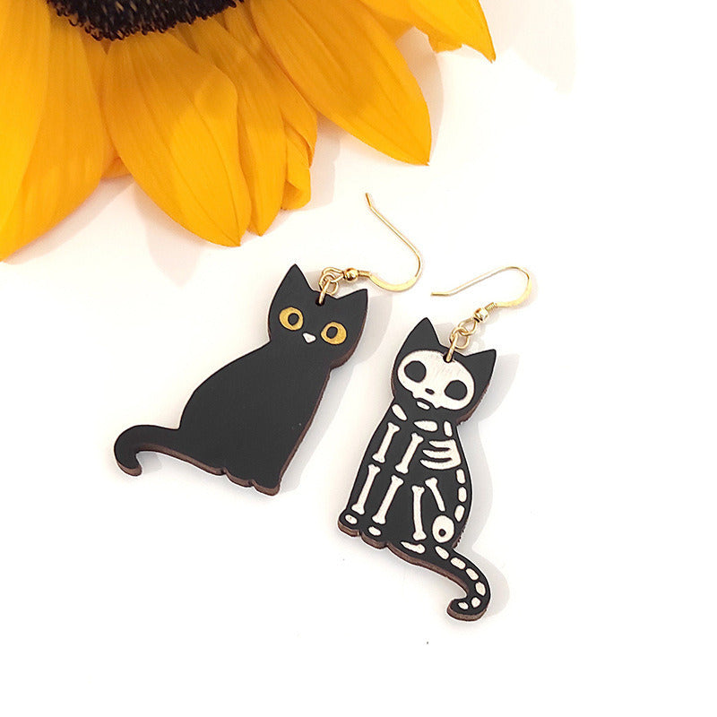 Personalized Black Cat Skeleton Cat Halloween Wood Stud Earrings