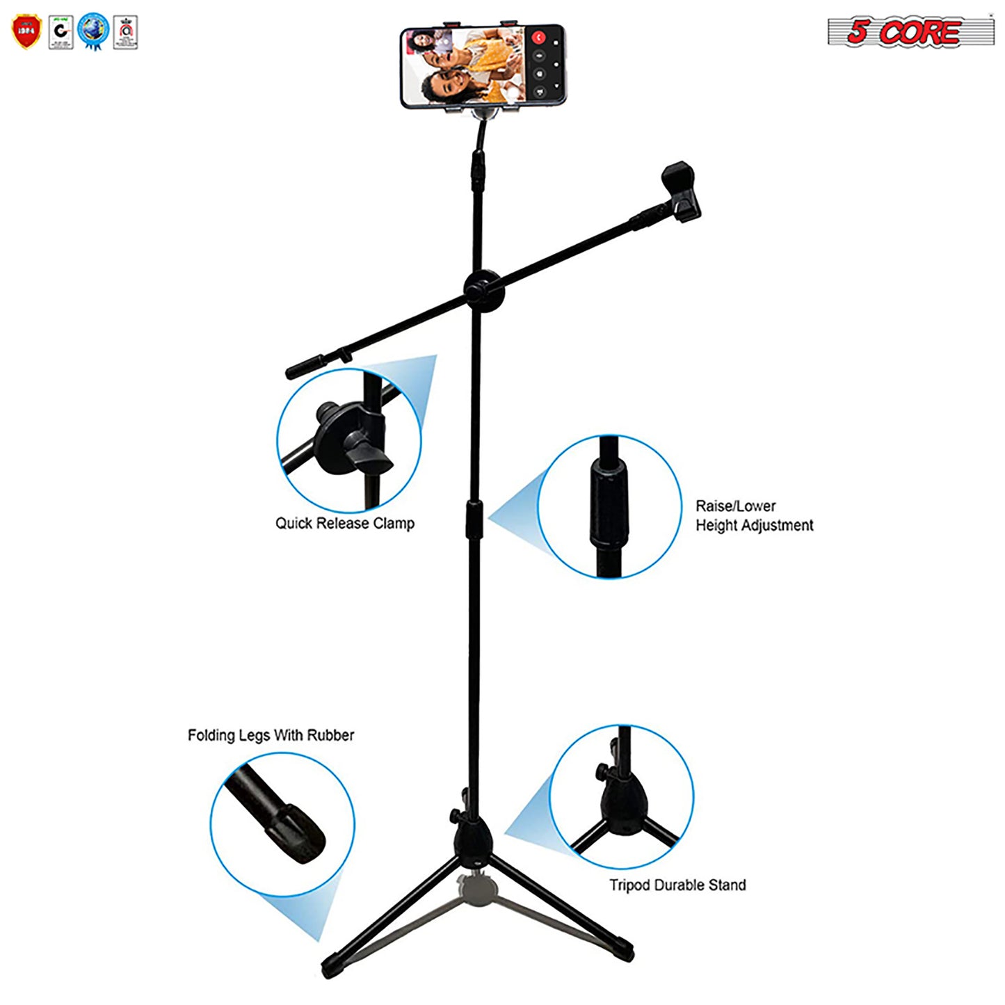 5 Core Mic Stand with Tablet and Phone Holder ®C Adjustable Gooseneck Microphone Stand; Collapsible Tripod Boom Mic Stand With Mic Clip Holder & Phone Clamp for Singing; Karaoke; Studio; Parties