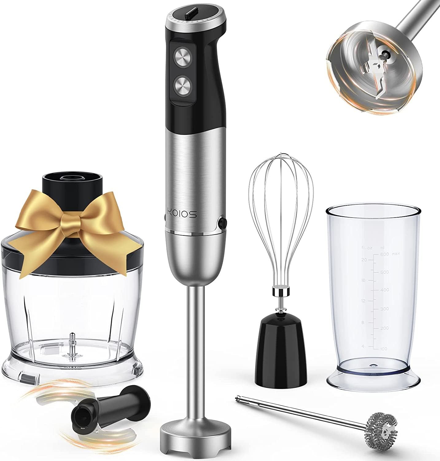 KOIOS 1000W Immersion Hand Blender, Multifunctional 5-in-1 Handheld Blender, 12-Speeds, Stainless Steel blender shaft, includes 600ml Mixing Beaker, 500ml Chopper, Whisk Attachment and Milk Frother