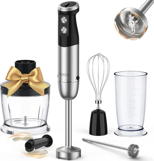 KOIOS 1000W Immersion Hand Blender, Multifunctional 5-in-1 Handheld Blender, 12-Speeds, Stainless Steel blender shaft, includes 600ml Mixing Beaker, 500ml Chopper, Whisk Attachment and Milk Frother