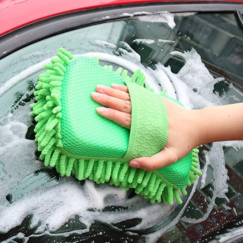 1pc Car Wash Mitt Chenille Microfiber Wash Sponge Scratch Free; Ultra Absorbent Microfiber Waffle Drying Towel For Car Detailing; Green; 9.05in*5.11in*2.75in