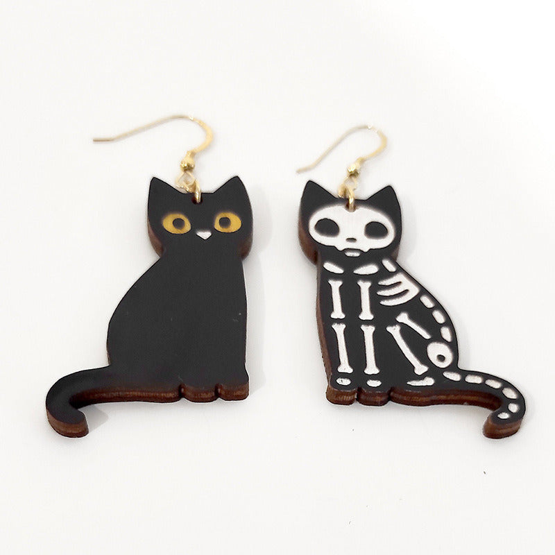 Personalized Black Cat Skeleton Cat Halloween Wood Stud Earrings