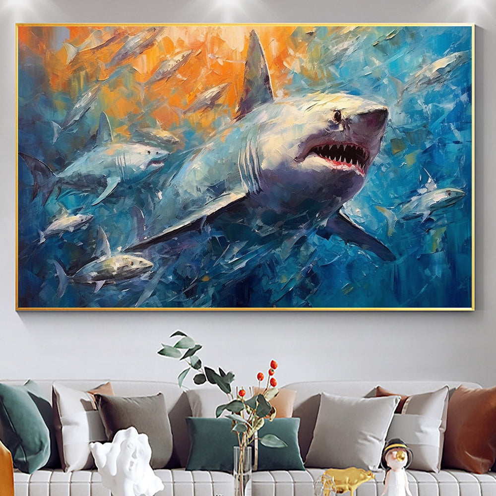 Hand Painted Oil Painting Large Abstract Shark Oil Painting on Canvas Original Fish School Painting Ocean Art Decor Living room Wall Decor Modern Blue Wall Art