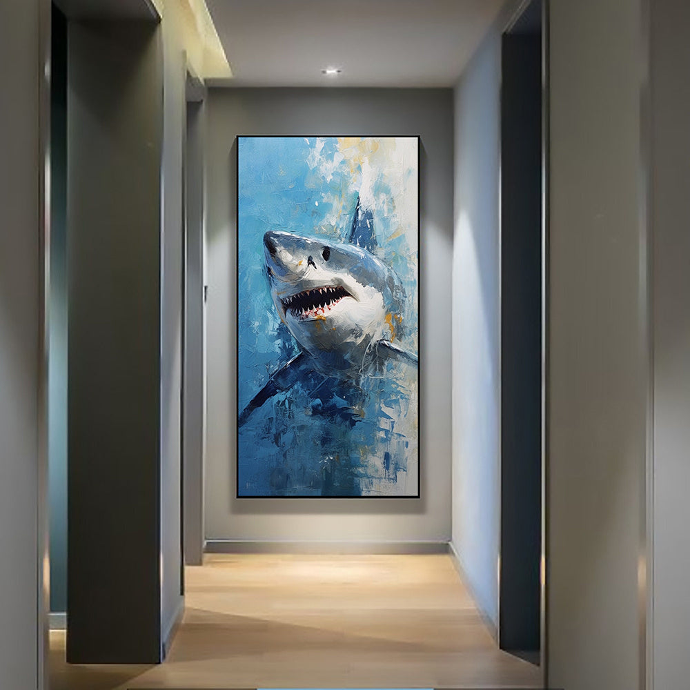 Hand Painted Oil Painting Original Shark Oil Painting on Canvas Custom Animal Painting Large Modern Wall Art Abstract Blue Ocean Art Decor Living room Wall Decor