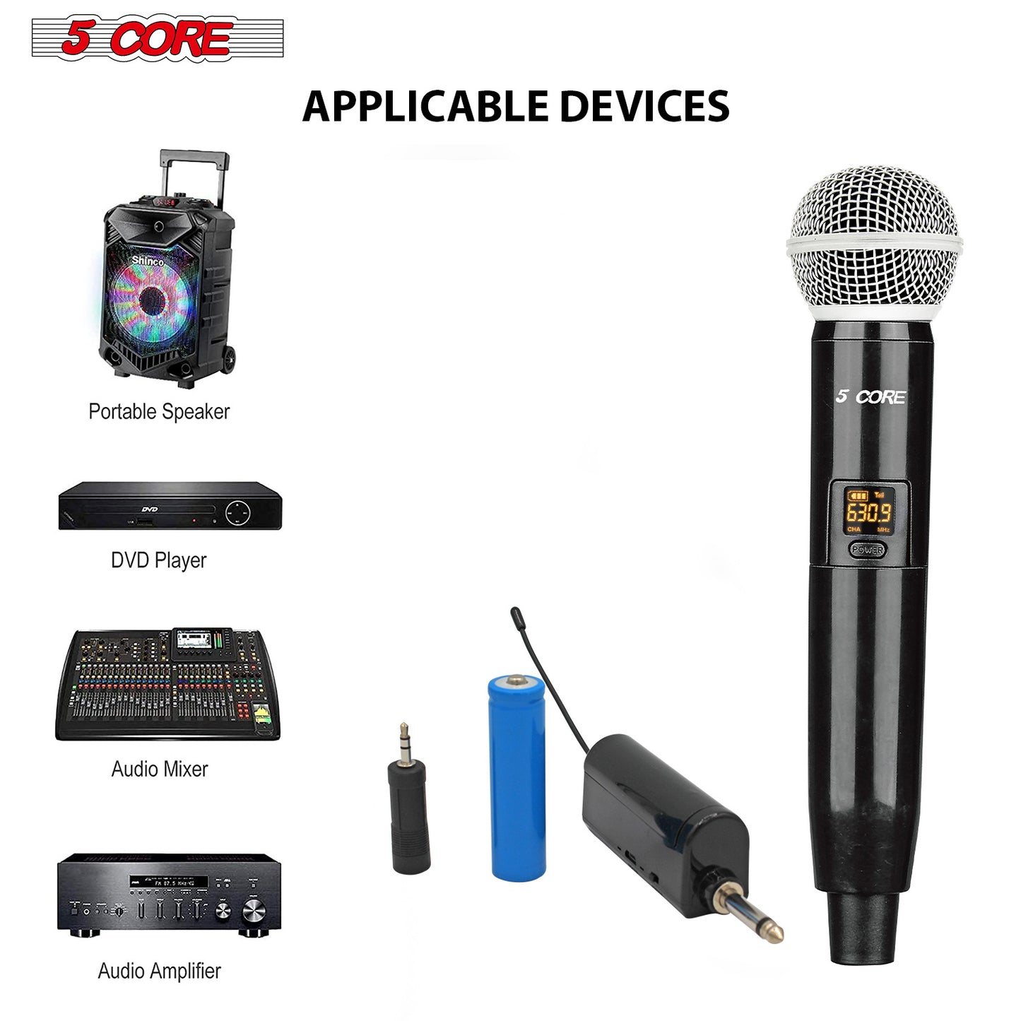 5 Core Pro Wireless Handheld Microphone Transmitter with Vocal Microphone Capsule for use with Wireless Systems Rechargeable Digital WM 1001