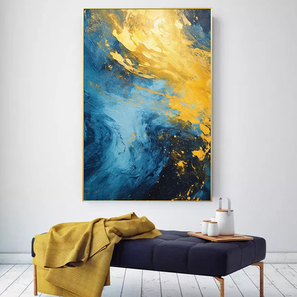 Hand Painted Oil Painting Gold Yellow Wall Painting Navy Blue Seascape Painting On Canvas Acrylic Painting Sea Wave Ocean Painting Extra Large Living Room Wall Art