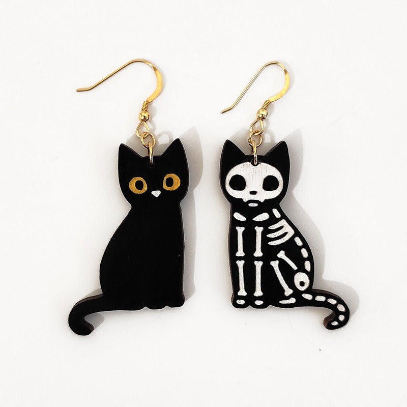 Personalized Black Cat Skeleton Cat Halloween Wood Stud Earrings